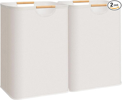 STORAGE MANIAC 2-Pack Large Laundry Hamper, 80L (21.1 Gal) Collapsible Laundry Basket with Bamboo Handles, Freestanding Waterproof Clothes Hamper for Laundry Room, Bedroom, Dorm, Towels, Toys, Beige