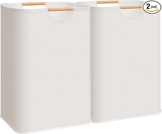 STORAGE MANIAC 2-Pack Large Laundry Hamper, 80L (21.1 Gal) Collapsible Laundry Basket with Bamboo Handles, Freestanding Waterproof Clothes Hamper for Laundry Room, Bedroom, Dorm, Towels, Toys, Beige