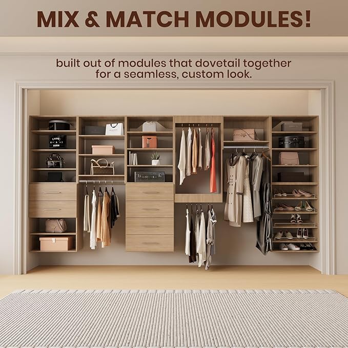 ROOMTEC Modular Closet System, 55" Wall Mounted Closet Organizer with Hanging Rods and Drawers, Wooden Tower for Walk-In Closets, Wardrobe Storage Kit, Wood
