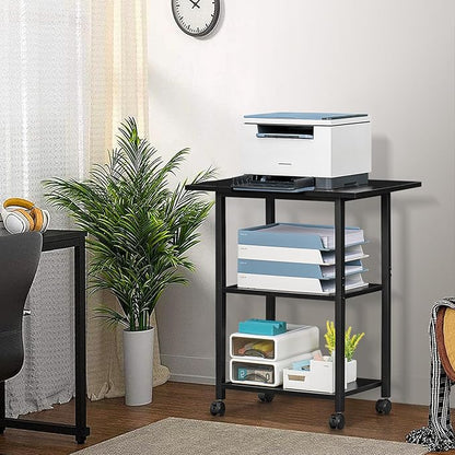 Lerliuo 3-Tier Printer Stand, Industrial Mobile Printer Table with Storage Shelf and Steel Frame, Rolling Printer Cart Holder with Lockable Wheels for Home, Office (Black)