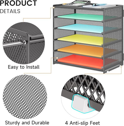 2 Pack 6 Tier Paper Organizer, Metal Mesh Desk File Folder, Letter Tray Organizer, Paper Sorter Desk Organizers for Office, Home or School File Folder Holder - Gray