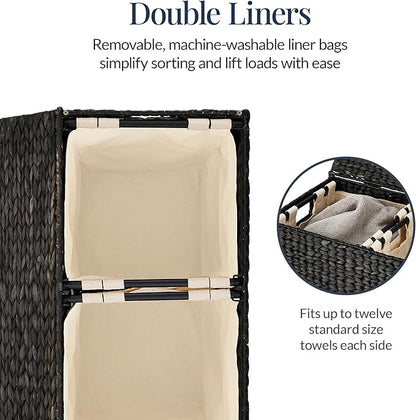Best Choice Products Large Double Laundry Hamper with Lid, Natural Handwoven Water Hyacinth, 2 Sections w/ 2 Machine Washable Linen Liner Bags, Portable, Handles - Black