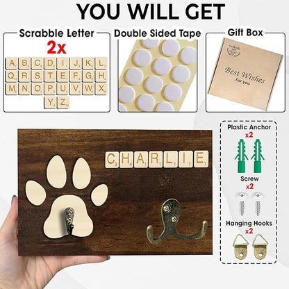 Dog Leash Holder Wall Mount, Pet Harness Hanger with Scrabble Letters, Dog Collar Organizer for Entryway, Cat Leash Key Holder for Wall, Pet Memorial Loss Gifts, Keepsake, Home Decor PF218-W