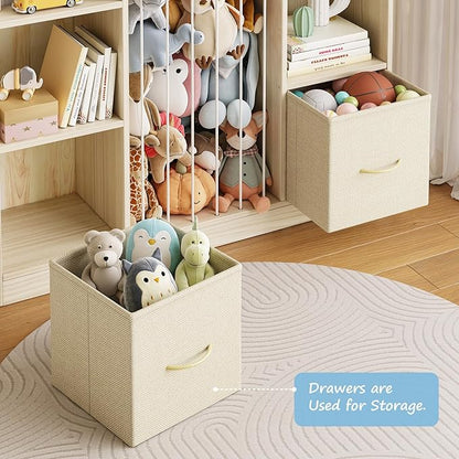 Toy Storage Organizer with Stuffed Animal Storage, Wooden Toy Organizer & Stuffed Animal Zoo, 6 Cubes Shelf with Removable Drawers, 4 -in-1 Book Shelf for Kids Room, Playroom, Nursery