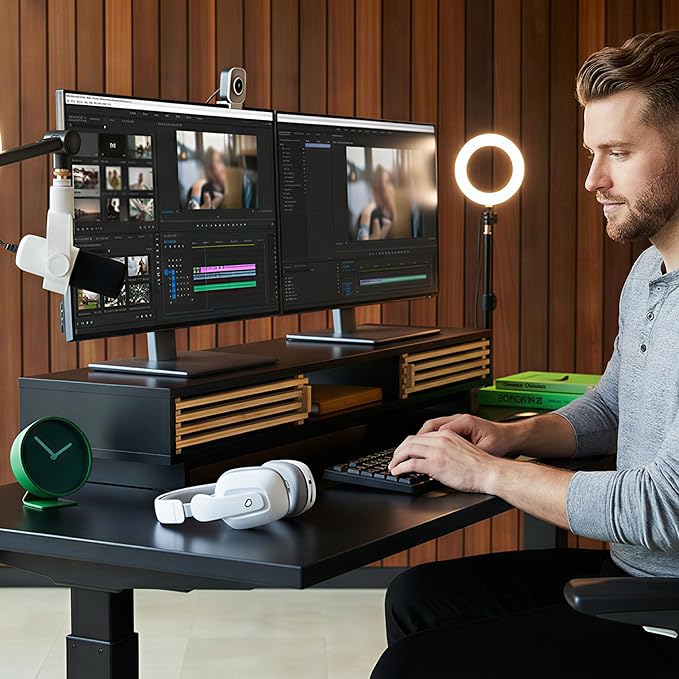 Dual Monitor Stand Riser with Sliding Door, Double Computer Laptop Stand Desk Shelf Organizer with Storage (Black + Natural Bamboo, 38 Inch)