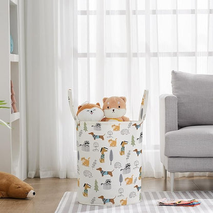 TECHMILLY Large Storage Basket for Girls and Boys, Collapsible Laundry Hamper with Long Handles, Toy Bins for Nursery, Kids Room Décor (Cartoon Animal)