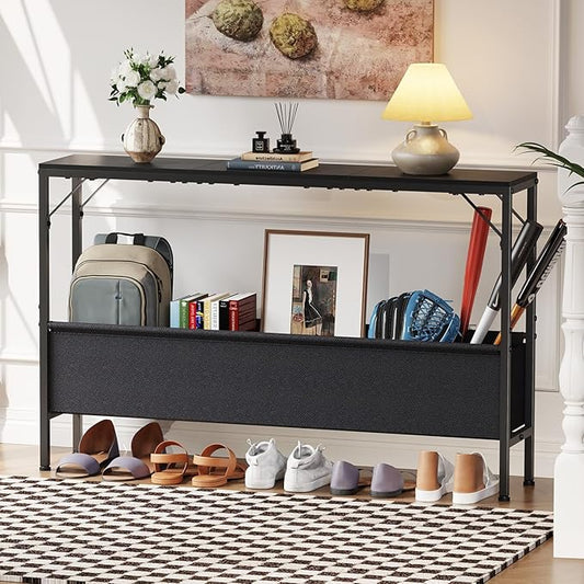 47.2'' Console Table, 9.5" D Entryway Table with Storage Basket, Narrow Sofa Table, Behind Couch Table for Hallway, Foyer, Corridor, Living Room, Black