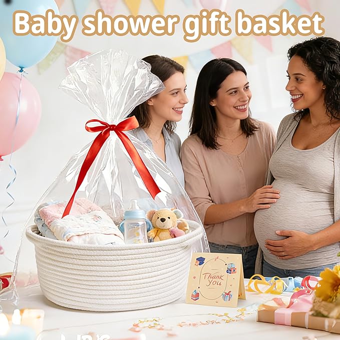 Small Woven Basket Gift For Empty,Easter basket With Ribbons and Bags, Durable Cute Gifts 12"X 8" X 5"Small Rope Basket for Gifting,White