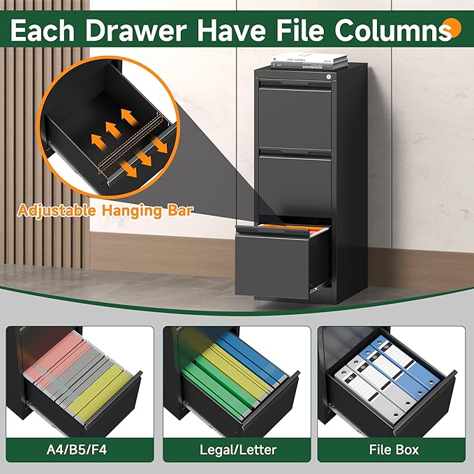 3 Drawer File Cabinet, Metal Filing Cabinets for Home Office, Black Vertical File Cabinet with Lock for Letter/Legal/A4/F4 Size, Assemble Required