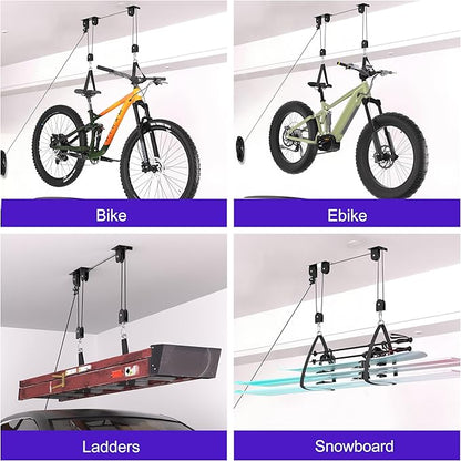 Bike Hoist, Heavy Duty Ebike Lift Pulley System for Garage Ceiling Overhead Storage for Bicycle, Ladders, Snowboard, Holds Up to 85 lbs Capacity, Fit 10-16 Foot High Ceilings