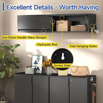 Metal Garage Wall Cabinet,Float Tool Cabinets with Up-Flip Door,Wall Mounted Metal Steel Cabinet for Garage/Home Office/RV/Ware House（Black/13.8" H）
