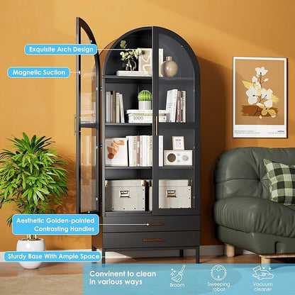 Metal Arched Pantry Cabinet with 2 Drawers and Glass Doors,Black Arched Bookcase with 2 Adjustable Shelf for Kitchen Home Office,Installation Required,Black