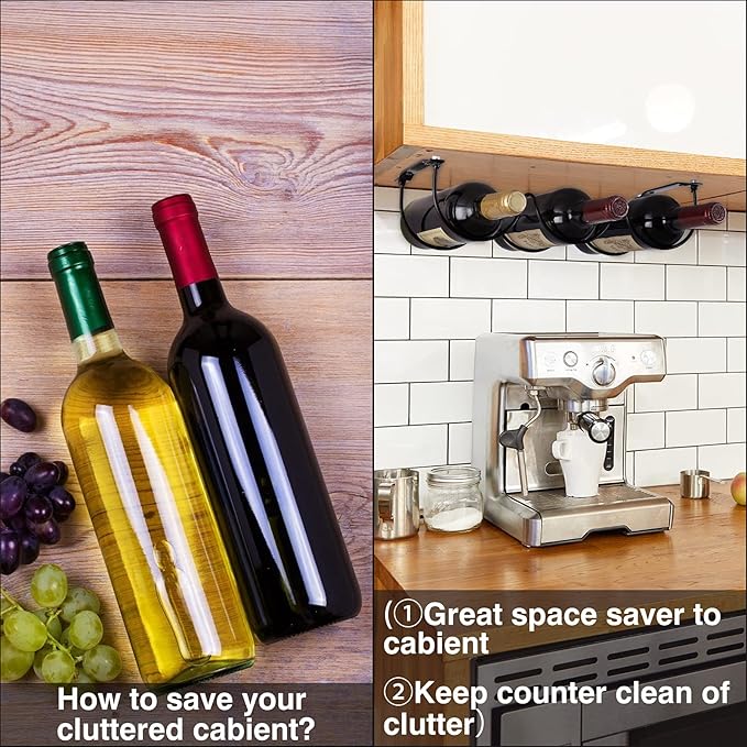 Under Cabinet Wine Rack, Organization and Storge Rack for Bottles, Under Cabinet Organizer for Liquor Bottle, Decor Kitchen Wall Mounted Wine Bottle Holder,Metal Black