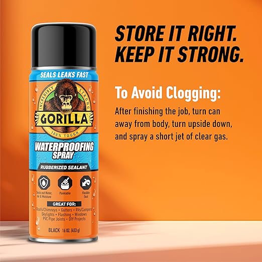 Gorilla Waterproof Patch & Seal Rubberized Sealant Spray, Black, 16 Ounce (Pack of 1) - Seals Out Water, Air, and Moisture