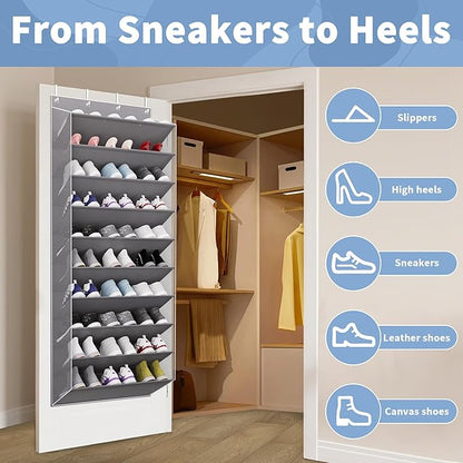 30 Pairs Over The Door Shoe Organizer, 10-Tier Hanging Shoe Rack with Deep Pocket for Closet, Extra Large Shoe Storage Holder for Sneakers, Boots, Heels(Grey)