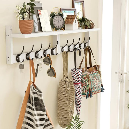 AMBIRD 34.2" L Wooden Wall Coat Hooks with Shelf - Versatile and Decorative Wall-Mounted Storage - 10 Hooks for Hanging Coats, Hats, Keys, Bags, Scarves - Ideal for Entryways, Bedrooms, Closets(White)