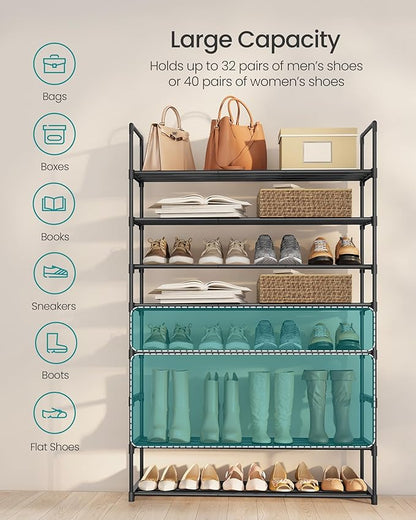 SONGMICS Shoe Rack, 8-Tier Shoe Organizer, Metal Storage Shelf, Upright or Upside Down, for 32-40 Pairs, Stackable, for Entryway, 11.8 x 36.2 x 56.5 Inches, Black ULSA308BH01