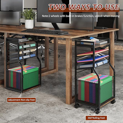 5-Tier Rolling File Cart with Hanging File Folders, Mobile Desk File Organizer on Lockable Wheels, Wood & Mesh Paper Letter Sliding Trays Organization for Office, Home, School, Patent