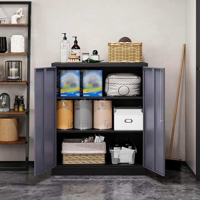 MIIIKO Lockable Storage Cabinet, Small Metal Garage Cabinet with Doors and Shelves, 35.4" Height Base Locker Cabinets 2 Doors
