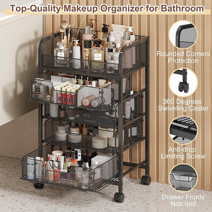 Makeup Cart Organizer with 4 Drawers, Vanity Storage Organizer, Large Floor Skincare Organizers Cosmetics Display Cases for Skin Care Perfume Nail Polish, Black