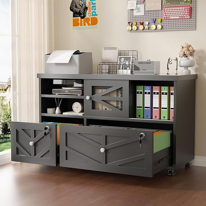Semoic Black Lateral File Cabinet with Lock, 2 Drawer Rolling Filing Cabinet for Home Office, Mobile Storage Cabinet with Open Shelves & Sliding Door, Fits Legal/Letter/A4 Files, Herringbone Design