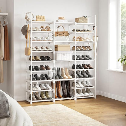 WOWLIVE 9 Tiers Large Shoe Rack White Shoe Rack Organizer for Closet 50-55 Pairs Stackable Heavy Duty Shoe Shelf Shoe Storage with Metal Pipes Plastic Connectors