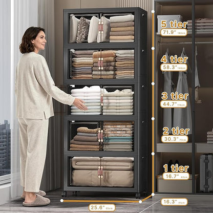 Extra Large Stackable Storage Bins with Lids & Wheels & Door,Foldable Collapsible Closet Organizers, Plastic containers drawers for bedroom Dorm (Dark-112QT, 5Pack with 1 top lid)