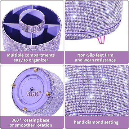 Bling Diamond Makeup Brush Holder, 360° Rotating Makeup Organizer, 5 Slot Make up Brushes Cup for Countertop, Storage for Cosmetics Pen Eyeliner Skincare on the Vanity (Diamond Purple)