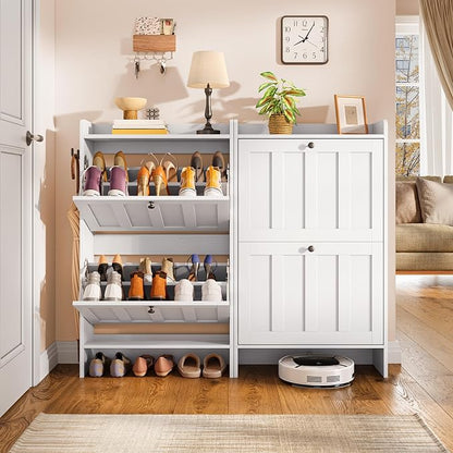 Gizoon Shoe Cabinet with 2 Flip Drawers, Slim Shoe Storage Cabinet for Entryway, Freestanding Narrow Rack with Open Storage, for Hallway, White