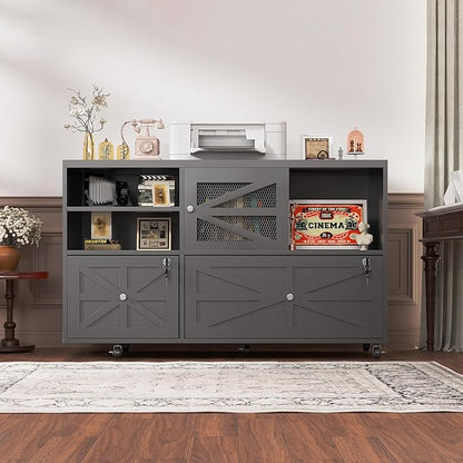 Semoic 2 Drawer Mobile File Cabinet with Lock, Farmhouse Lateral Filing Cabinet for Home Office, Fits Letter Legal A4 Size, Open Storage Adjustable Shelf, Black