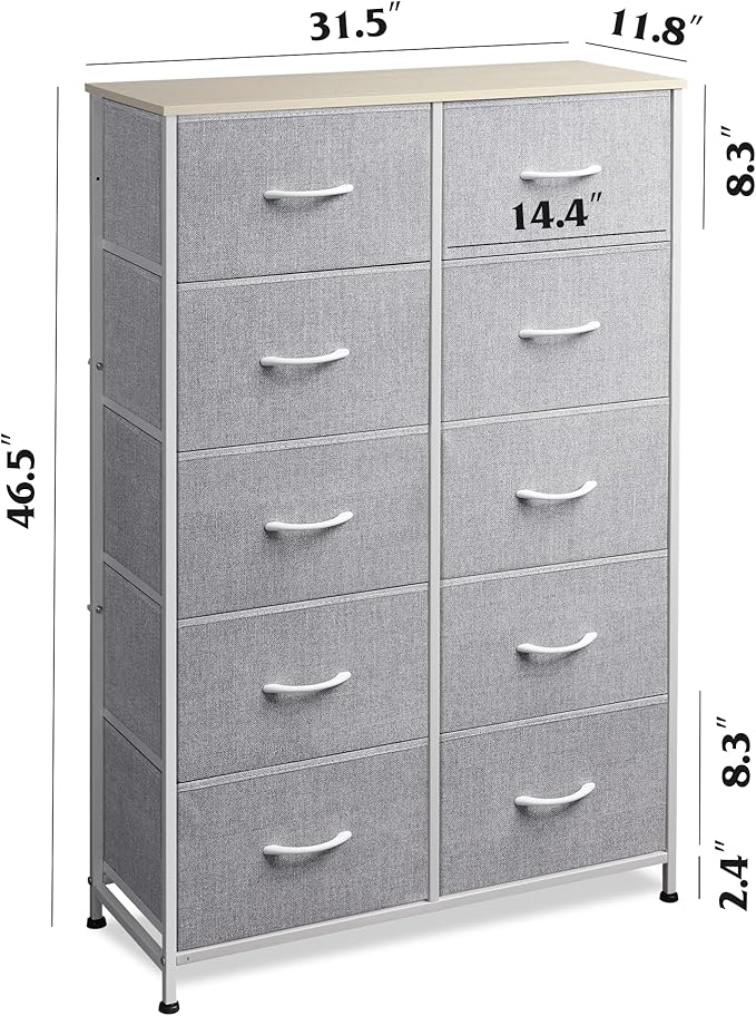 WLIVE Tall Dresser for Bedroom with 10 Drawers, Chest of Drawers, Dressers Bedroom Furniture, Grey Dresser with Fabric Bins for Closet, Hallway, Living Room, Entryway, Light Grey