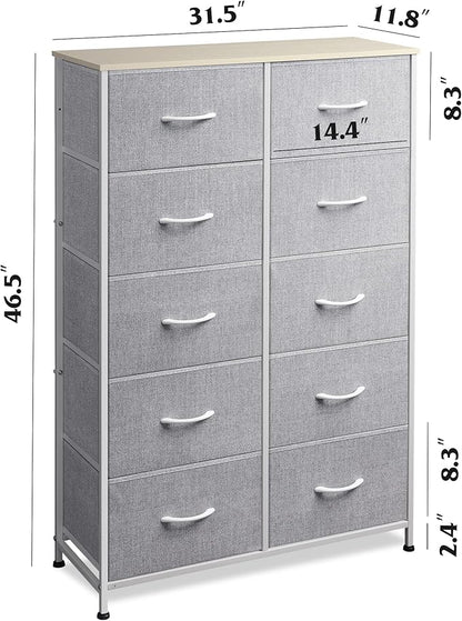 WLIVE Tall Dresser for Bedroom with 10 Drawers, Chest of Drawers, Dressers Bedroom Furniture, Grey Dresser with Fabric Bins for Closet, Hallway, Living Room, Entryway, Light Grey