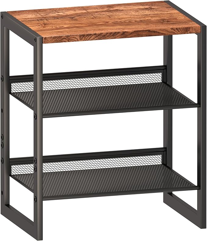 Narrow 3-Tier Shoe Rack, Slim Space-Saving Shelf with Decorative Wood Top & Steel Mesh, Entryway/Closet/Dorm Organizer, 16.5x11.8x19.8 Inches