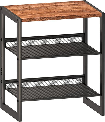 Narrow 3-Tier Shoe Rack, Slim Space-Saving Shelf with Decorative Wood Top & Steel Mesh, Entryway/Closet/Dorm Organizer, 16.5x11.8x19.8 Inches