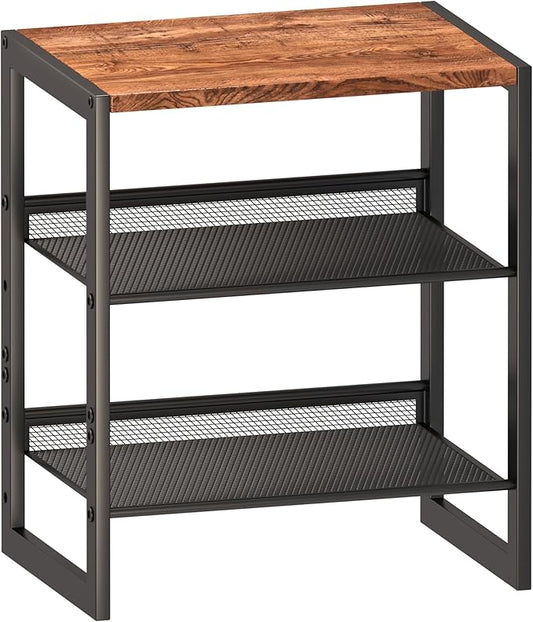 Narrow 3-Tier Shoe Rack, Slim Space-Saving Shelf with Decorative Wood Top & Steel Mesh, Entryway/Closet/Dorm Organizer, 16.5x11.8x19.8 Inches