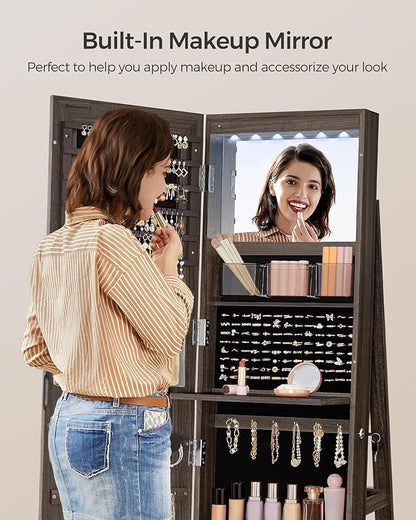 SONGMICS 6 LEDs Lockable Mirror Jewelry Cabinet, 360° Swivel Jewelry Organizer Armoire Standing, Frameless Full-Length Mirror, 3 Storage Shelves, Ash Brown Surface, Black Lining UJJC007K02