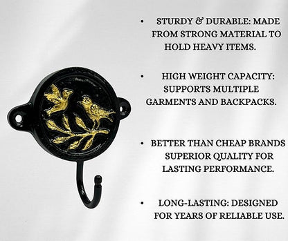 Aluminium Bird Print (1-Pack) Single Wall Hooks, Black Bird Themed Hooks for Hanging Leash-Wall Mount Hanger, Organization Decorative Wall Hook (Bird)
