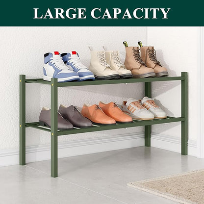 Smiry Bamboo Shoe Rack for Closet, 2 Tier Wooden Stackable Shoe Organizer, Free Standing Shoes Storage Shelf for Entryway, Front Door Entrance, Green