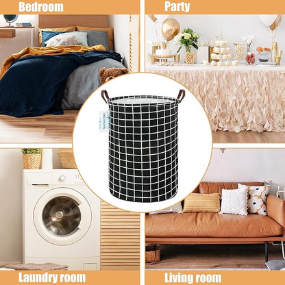 LANGYASHAN Laundry Basket Canvas Fabric Collapsible Organizer Basket for Storage Bin Toy Bins Gift Baskets Bedroom Clothes Children Nursery Hamper (Black Grid)