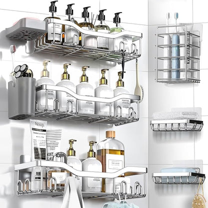 Shower Caddy Adhesive Shower Organizer 8-Pack, Rustproof Stainless Steel Bathroom Shelves, Large Capacity No-Drill Rack Storage Accessories with Soap Dish Toothbrush Holder Hooks