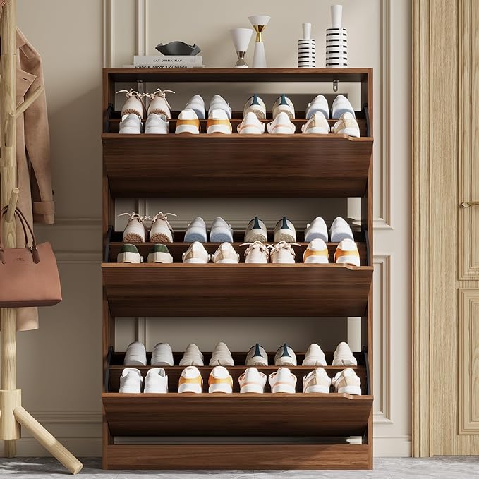 Shoe Storage Cabinet for Entryway with 3 Flip Drawers, Sturdy Wood Hidden Shoe Storage, Freestanding Narrow Slim Shoe Organizer for Front Door Entrance, Living Room, Hallway, Bedroom, Walnut