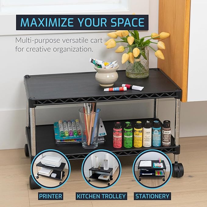 ZBRANDS Under Desk Printer Stand with Storage 24" X 14", Printer Cart, Small Printer Stand with Wheels, Small Printer Table for Home Office, Heavy Duty Low Rolling Cart, (Regular, Black)