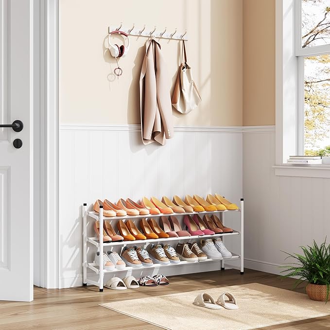 Tajsoon Expandable Shoe Rack for Closet 3 Tier, 28“-41“Adjustable & Stackable Shoe Shelf Storage, Metal Shoe Rack Organizer for Front Door Entrance, Closet, Garage, Entryway, White