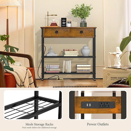 GRLEAF 32" Console Table with Outlets & USB Ports – Narrow Entryway Table with 2 Drawers and Storage Shelves, Power Strip Sofa Table for Living Room, Hallway, Kitchen, Foyer – Rustic Brown Wood Finish