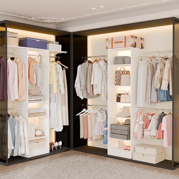 Closet System, Closet Organizer System With Adjustable Shelves, Walk-In Closet Storage System With 5 Hanging Rods, Adjustable Cloth Garment Rack, Fits Spaces 4 to 9FT, White