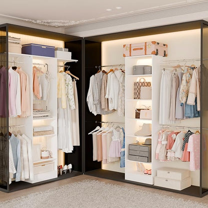 Closet System, Closet Organizer System With Adjustable Shelves, Walk-In Closet Storage System With 5 Hanging Rods, Adjustable Cloth Garment Rack, Fits Spaces 4 to 9FT, White