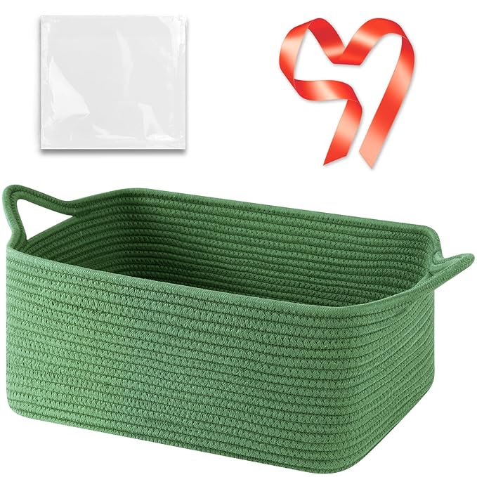 Large Empty Gift Baskets for Baby Shower, 16.5" L x 12.6" W x 7" H Cute Woven Storage Basket with Gift Bags and Ribbons, Small Rope Toy Basket with Handles, Cat Dog Pet Toy Organizer - Green
