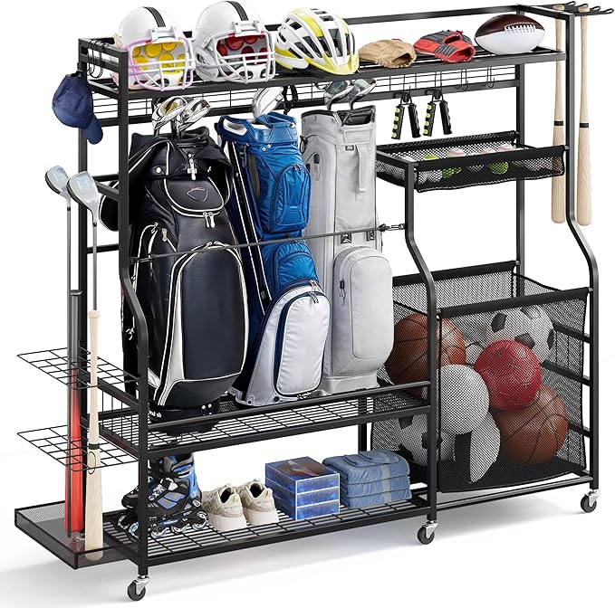 DWVO Sports Equipment Organizer, 3 Golf Bags Storage Stand with Wheels, Sport Gear Accessories Rack and Ball Organizer Bin for Garage