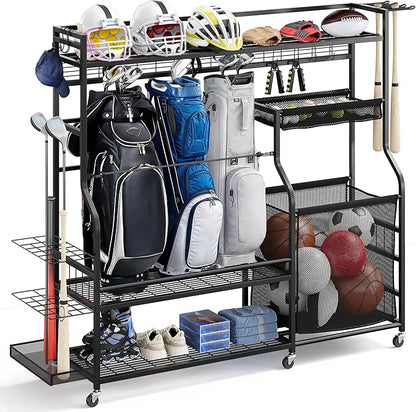 DWVO Sports Equipment Organizer, 3 Golf Bags Storage Stand with Wheels, Sport Gear Accessories Rack and Ball Organizer Bin for Garage