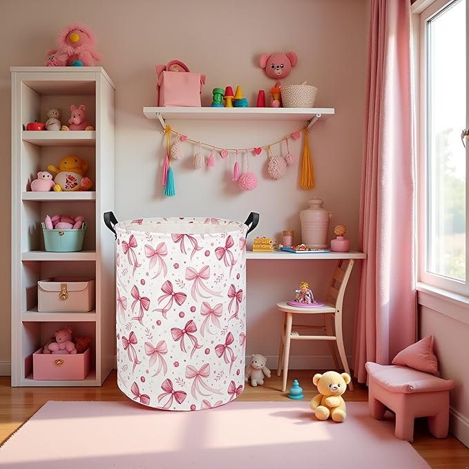 HIYAGON Butterfly Baby Laundry Basket Baby Hamper for Nursery Girl Kids Butterfly Hamper Cute Kids Toys Storage Bin Organizer Butterfly Room Decor for Home(Pink Bowknot)